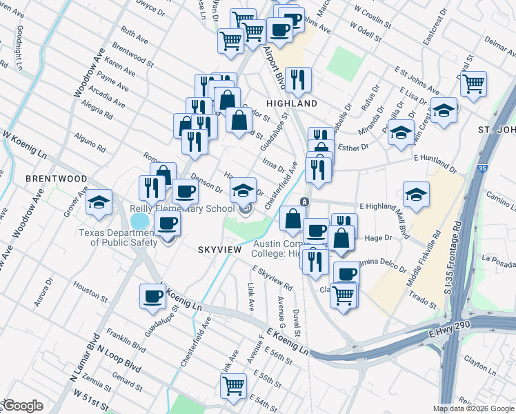 map of restaurants, bars, coffee shops, grocery stores, and more near 304 Denson Drive in Austin