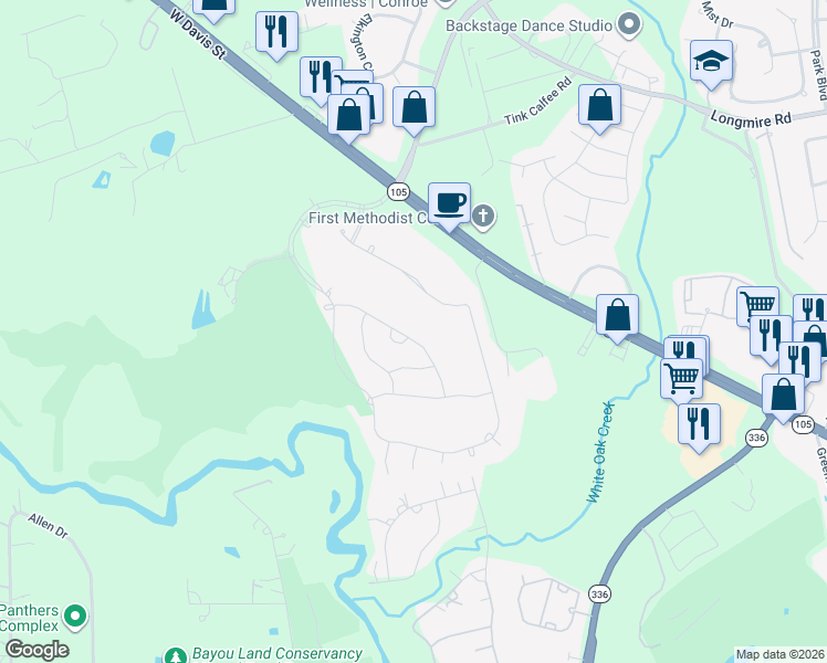 map of restaurants, bars, coffee shops, grocery stores, and more near 1624 Beau Rivage Drive in Conroe