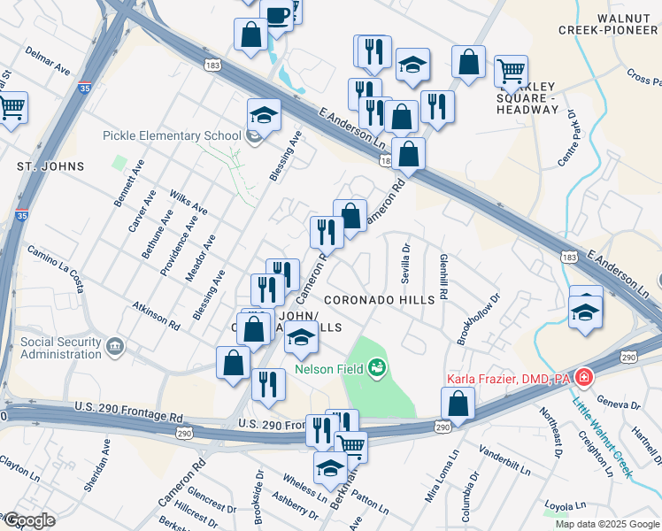 map of restaurants, bars, coffee shops, grocery stores, and more near 7371 Cameron Road in Austin