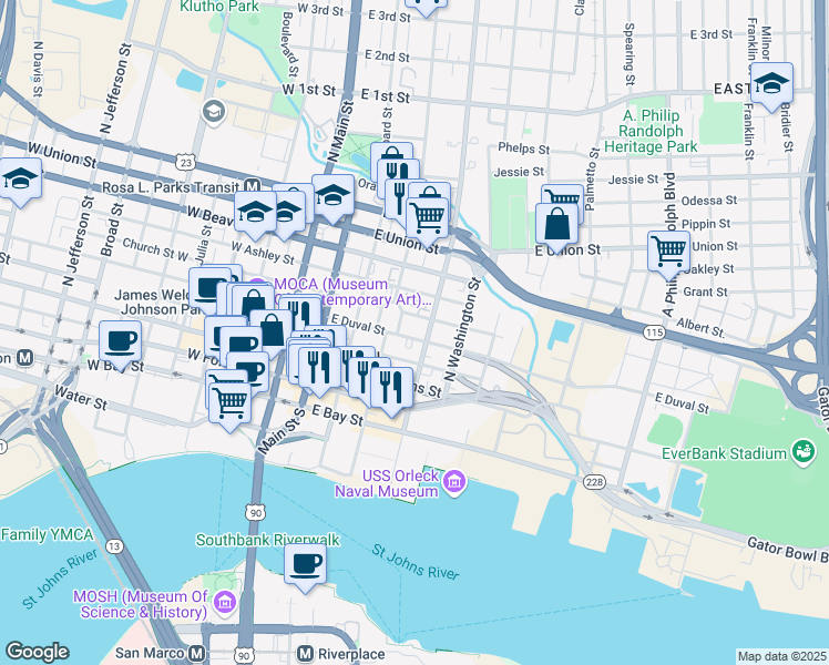 map of restaurants, bars, coffee shops, grocery stores, and more near 339 East Duval Street in Jacksonville