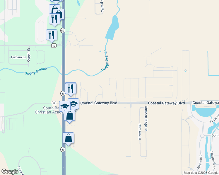 map of restaurants, bars, coffee shops, grocery stores, and more near 7350 Raintree Lane in Gulf Shores