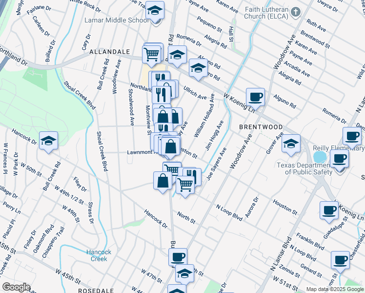 map of restaurants, bars, coffee shops, grocery stores, and more near 1704 Houston Street in Austin