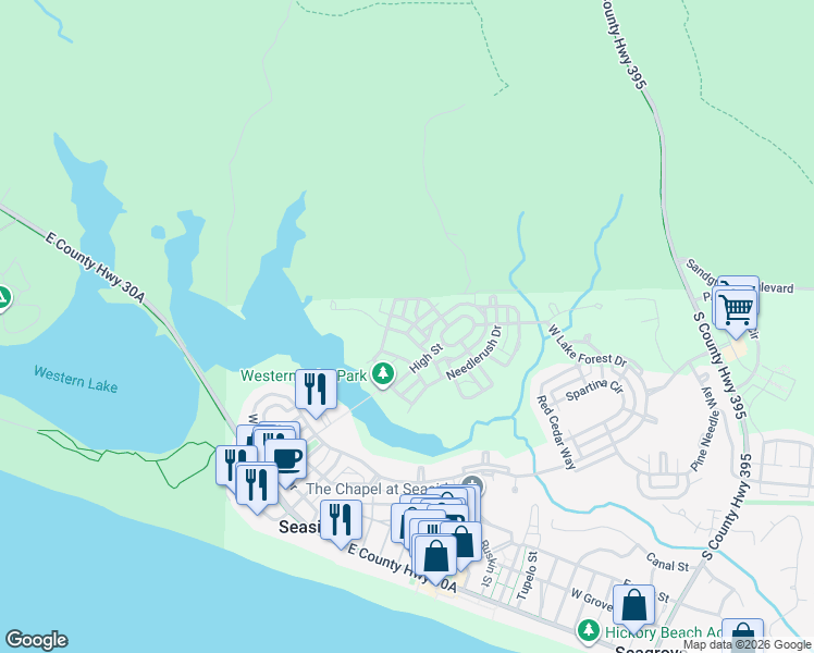 map of restaurants, bars, coffee shops, grocery stores, and more near 4 Wiregrass Way in Santa Rosa Beach