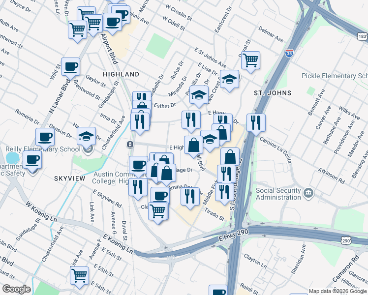 map of restaurants, bars, coffee shops, grocery stores, and more near 351 East Highland Mall Boulevard in Austin