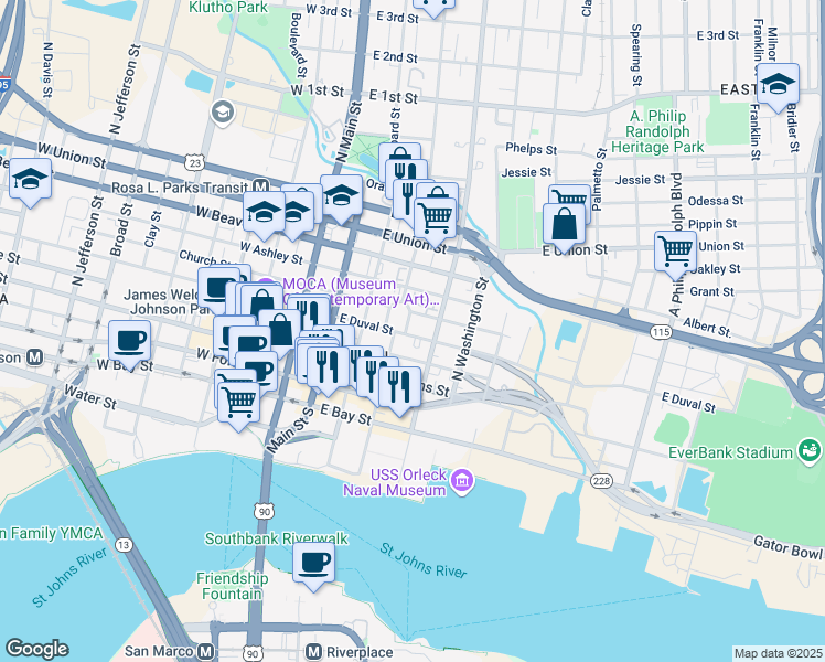 map of restaurants, bars, coffee shops, grocery stores, and more near 325 East Duval Street in Jacksonville
