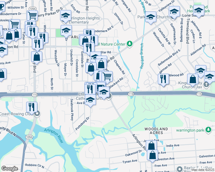 map of restaurants, bars, coffee shops, grocery stores, and more near 909 Arlington Road North in Jacksonville
