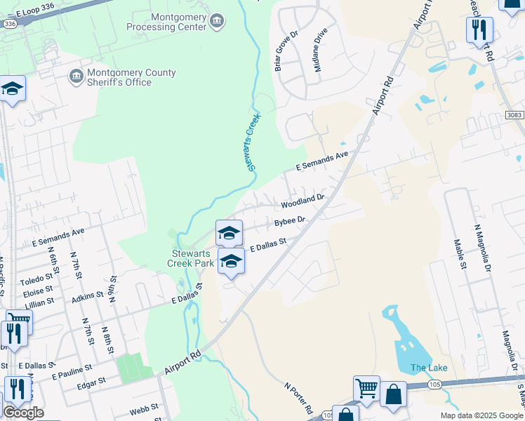 map of restaurants, bars, coffee shops, grocery stores, and more near 209 Woodland Drive in Conroe