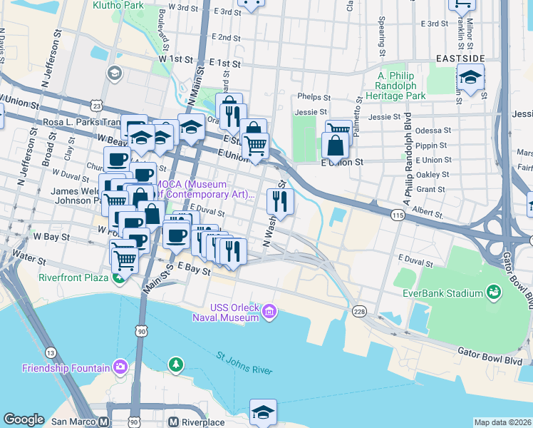 map of restaurants, bars, coffee shops, grocery stores, and more near 430 East Church Street in Jacksonville