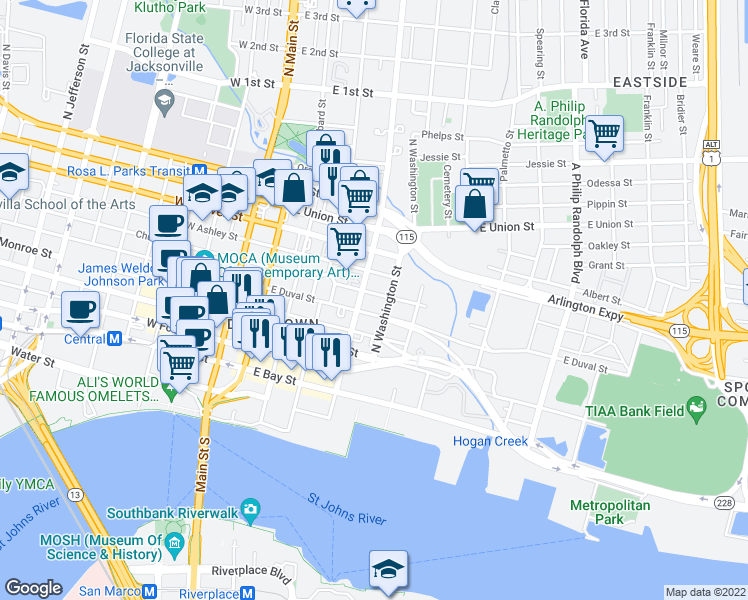 map of restaurants, bars, coffee shops, grocery stores, and more near 428 East Church Street in Jacksonville
