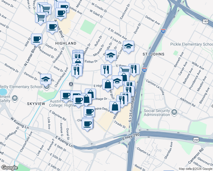 map of restaurants, bars, coffee shops, grocery stores, and more near 351 East Highland Mall Boulevard in Austin