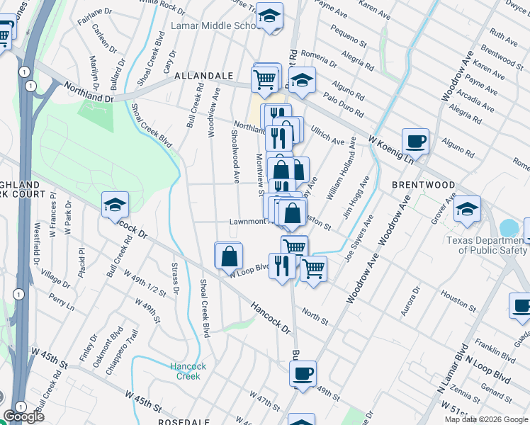 map of restaurants, bars, coffee shops, grocery stores, and more near 5402 Montview Street in Austin