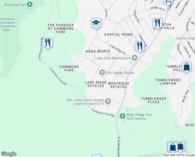 map of restaurants, bars, coffee shops, grocery stores, and more near 107 Laurelwood Drive South in Austin