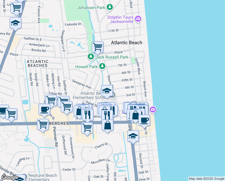 map of restaurants, bars, coffee shops, grocery stores, and more near 397 Sherry Drive in Atlantic Beach