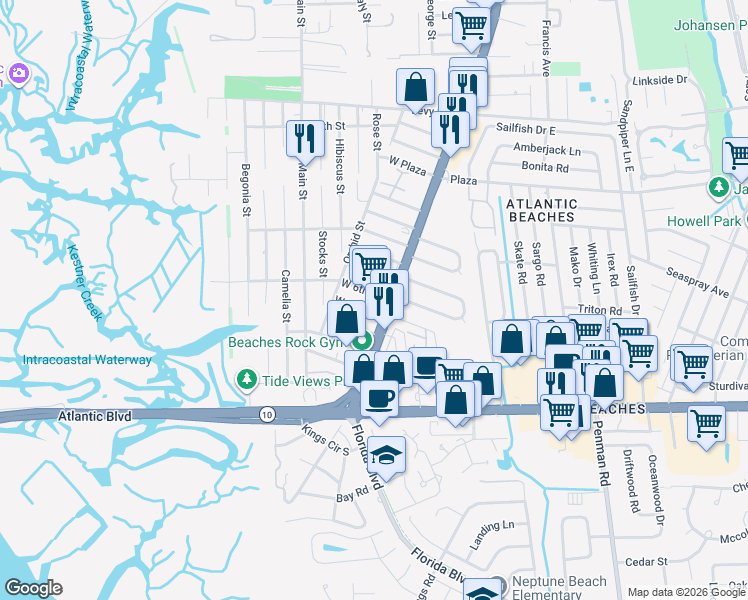 map of restaurants, bars, coffee shops, grocery stores, and more near 580 Mayport Road in Atlantic Beach
