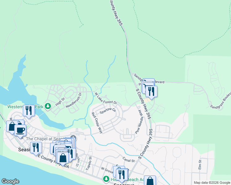 map of restaurants, bars, coffee shops, grocery stores, and more near 80 Thicket Circle in Santa Rosa Beach