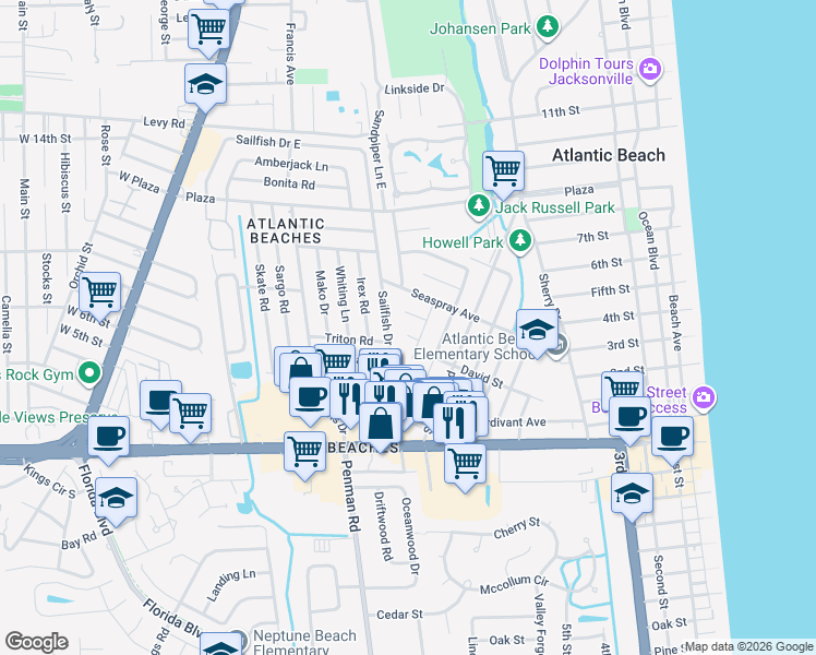 map of restaurants, bars, coffee shops, grocery stores, and more near 353 Buoy Lane in Atlantic Beach