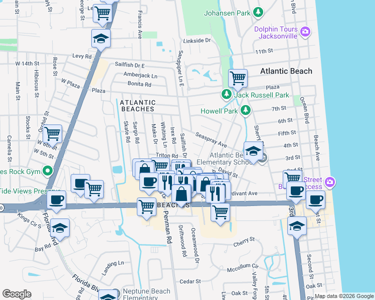 map of restaurants, bars, coffee shops, grocery stores, and more near 353 Buoy Lane in Atlantic Beach
