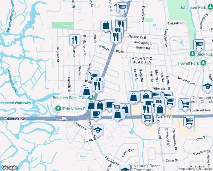 map of restaurants, bars, coffee shops, grocery stores, and more near 106 Saratoga Circle South in Atlantic Beach