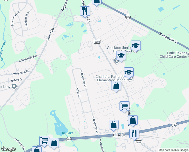 map of restaurants, bars, coffee shops, grocery stores, and more near 2201 Maple Point Drive North in Conroe