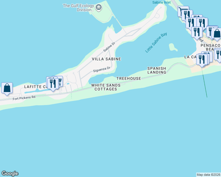 map of restaurants, bars, coffee shops, grocery stores, and more near 473 Fort Pickens Road in Pensacola Beach