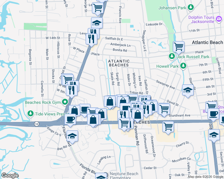 map of restaurants, bars, coffee shops, grocery stores, and more near 358 Skate Road in Atlantic Beach