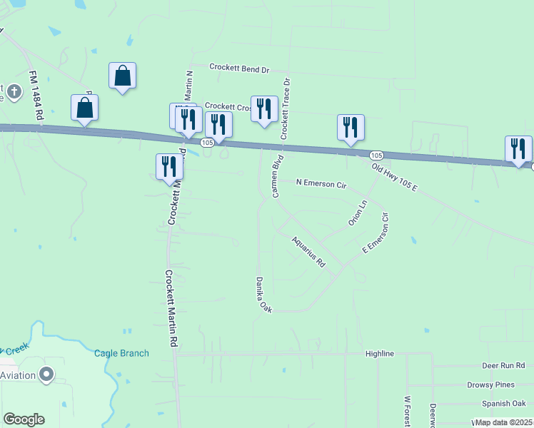 map of restaurants, bars, coffee shops, grocery stores, and more near 134 Aquarius Rd in Conroe