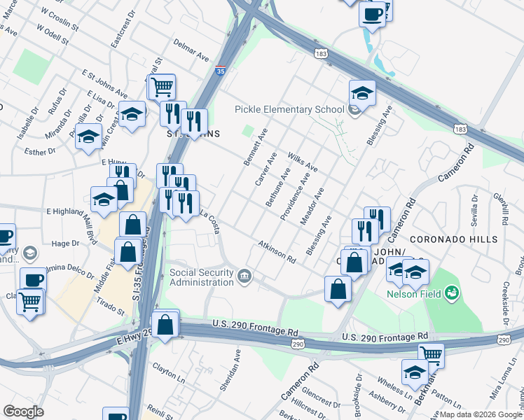 map of restaurants, bars, coffee shops, grocery stores, and more near 6920 Bethune Avenue in Austin