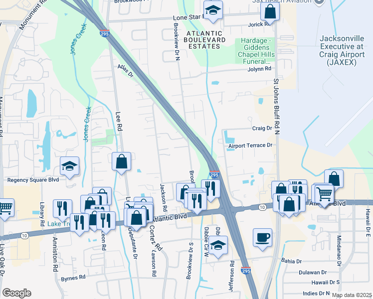 map of restaurants, bars, coffee shops, grocery stores, and more near 338 Brookview Drive North in Jacksonville