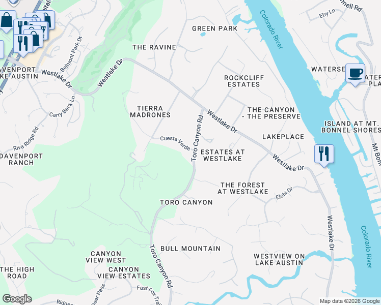map of restaurants, bars, coffee shops, grocery stores, and more near 5101 Cuesta Verde in Austin