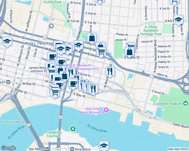 map of restaurants, bars, coffee shops, grocery stores, and more near 325 East Duval Street in Jacksonville