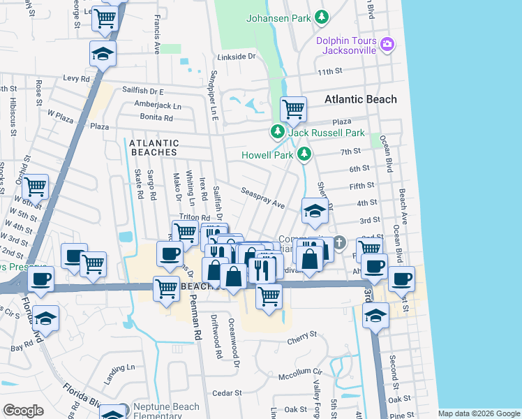 map of restaurants, bars, coffee shops, grocery stores, and more near 271 Belvedere Street in Atlantic Beach