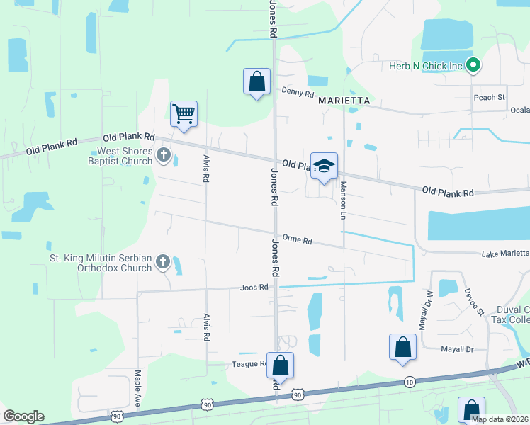 map of restaurants, bars, coffee shops, grocery stores, and more near 714 Jones Road in Jacksonville