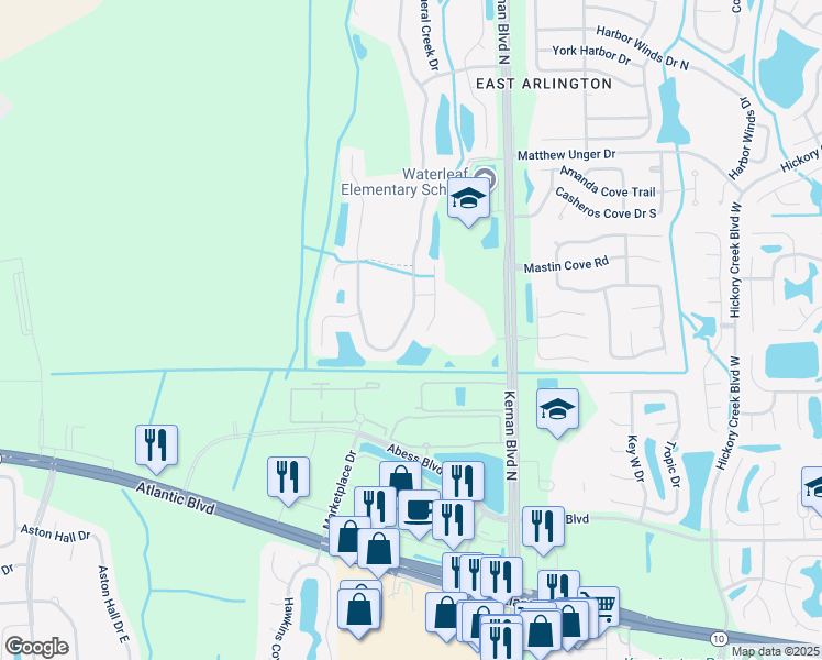 map of restaurants, bars, coffee shops, grocery stores, and more near 473 Candlebark Drive in Jacksonville