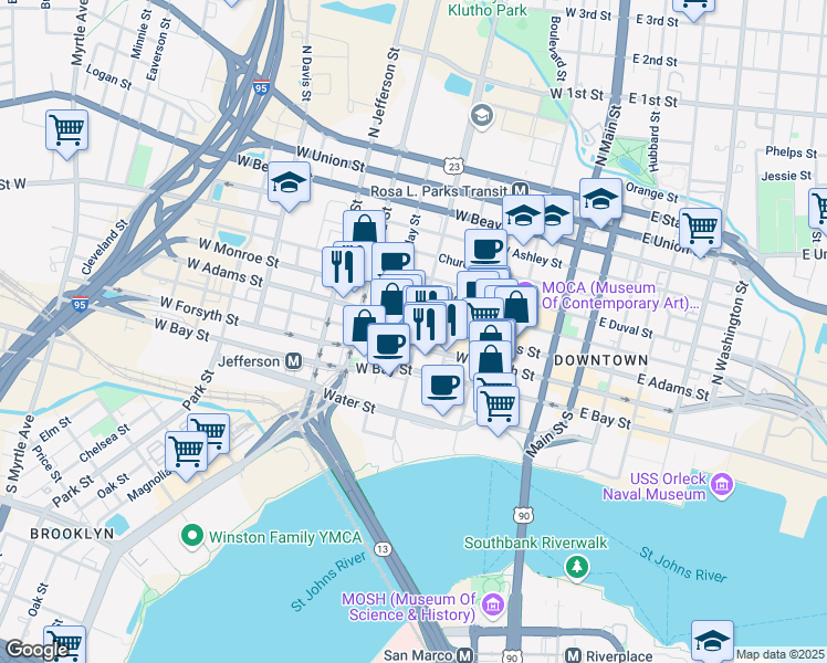 map of restaurants, bars, coffee shops, grocery stores, and more near 348 Adams Street in Jacksonville