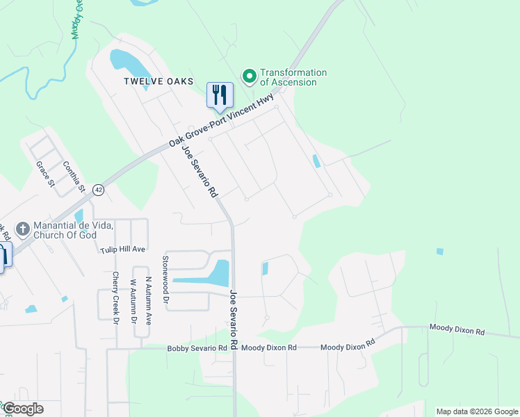 map of restaurants, bars, coffee shops, grocery stores, and more near 42112 Galtier Zito Lane in Prairieville