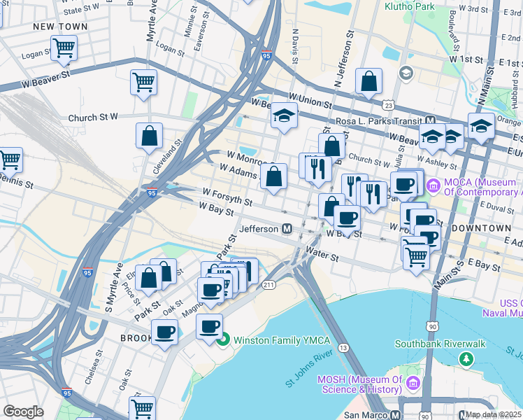 map of restaurants, bars, coffee shops, grocery stores, and more near 950 West Forsyth Street in Jacksonville