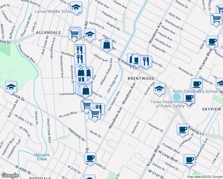 map of restaurants, bars, coffee shops, grocery stores, and more near 5515 Jim Hogg Avenue in Austin
