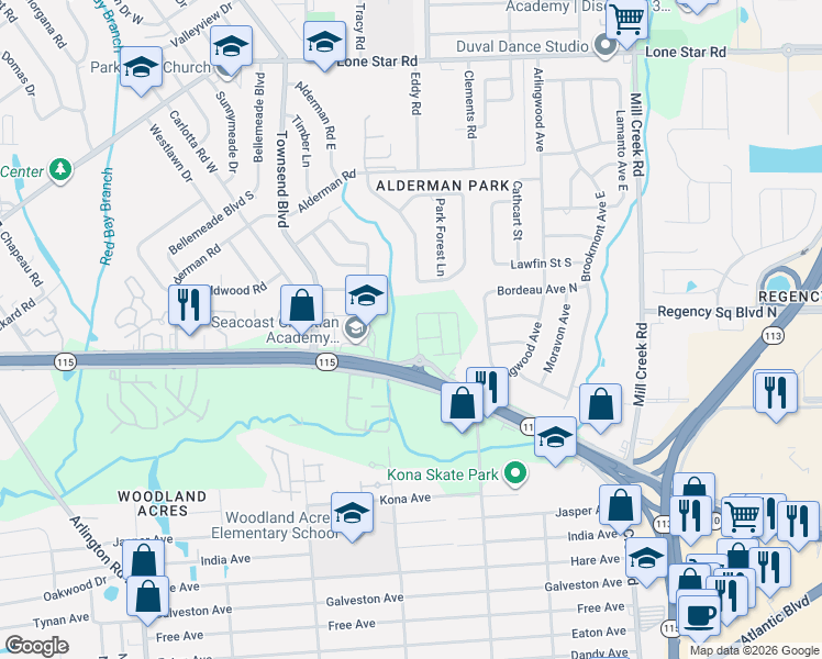 map of restaurants, bars, coffee shops, grocery stores, and more near 8209 Larose Road in Jacksonville
