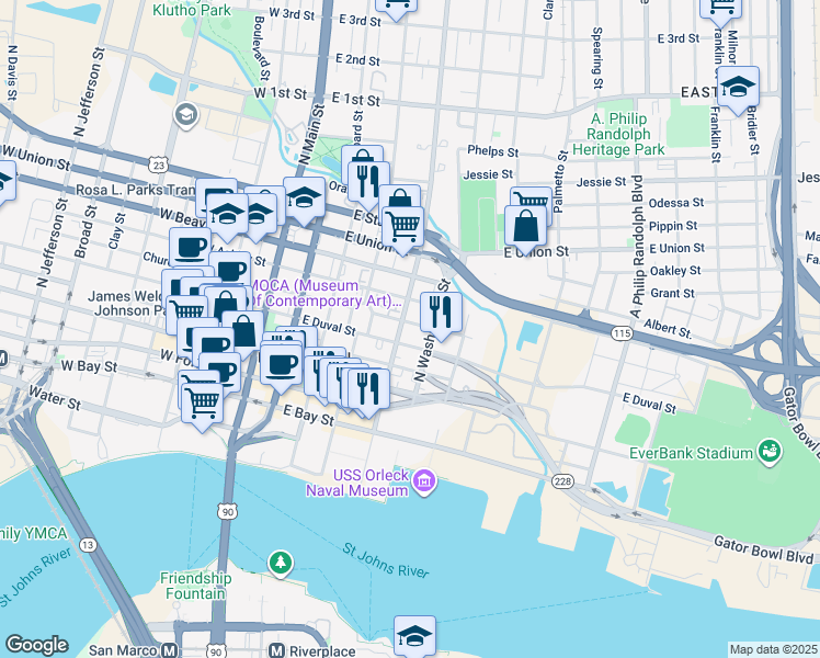 map of restaurants, bars, coffee shops, grocery stores, and more near 430 East Church Street in Jacksonville