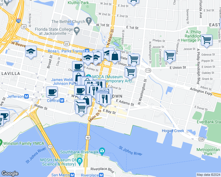 map of restaurants, bars, coffee shops, grocery stores, and more near in Jacksonville