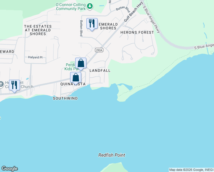 map of restaurants, bars, coffee shops, grocery stores, and more near 4047 Landfall Drive in Pensacola