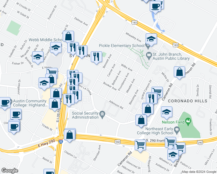 map of restaurants, bars, coffee shops, grocery stores, and more near 6920 Bethune Avenue in Austin