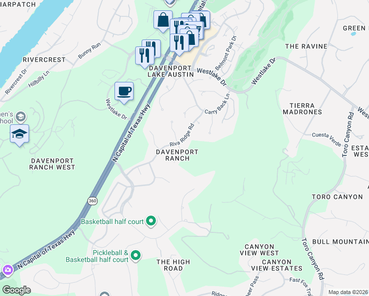 map of restaurants, bars, coffee shops, grocery stores, and more near 3205 Lookout Lane in Austin