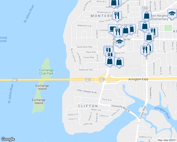 map of restaurants, bars, coffee shops, grocery stores, and more near 5416 Matanzas Way in Jacksonville