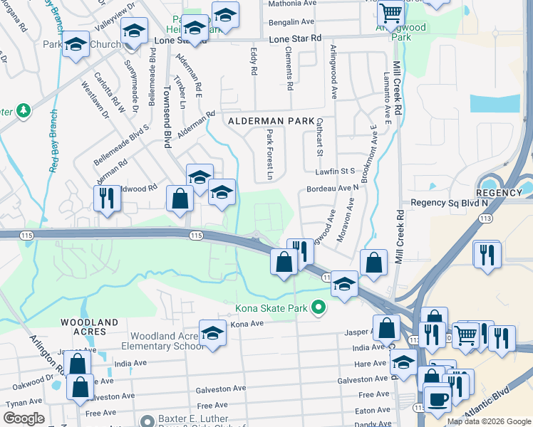 map of restaurants, bars, coffee shops, grocery stores, and more near 8209 Larose Road in Jacksonville