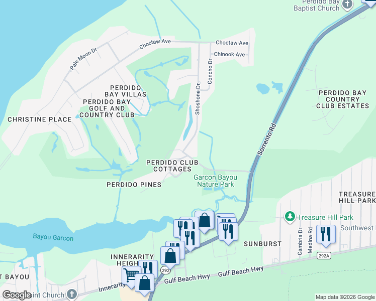 map of restaurants, bars, coffee shops, grocery stores, and more near 5000 Shoshone Drive in Pensacola