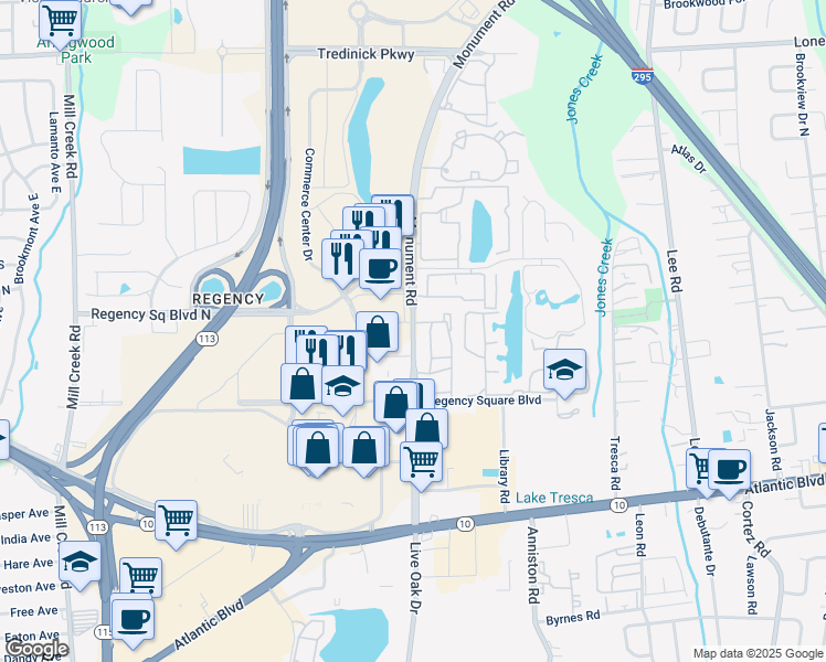 map of restaurants, bars, coffee shops, grocery stores, and more near 404 Monument Road in Jacksonville
