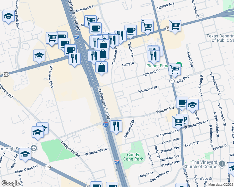 map of restaurants, bars, coffee shops, grocery stores, and more near 40 Silver Creek Drive in Conroe