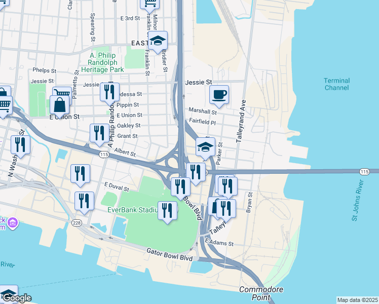 map of restaurants, bars, coffee shops, grocery stores, and more near 1523 Swift Street in Jacksonville