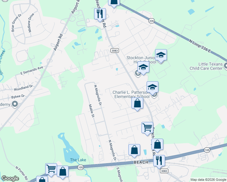 map of restaurants, bars, coffee shops, grocery stores, and more near 2201 Maple Point Drive North in Conroe